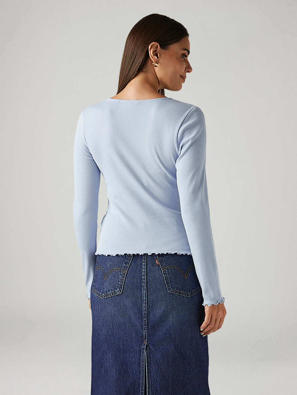 Women's Solid Light Blue Slim Fit Ribbed Top