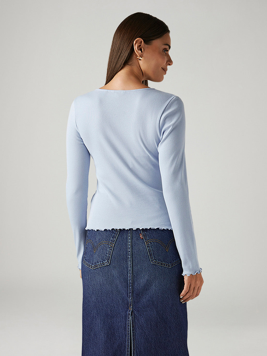 Women's Solid Light Blue Slim Fit Ribbed Top