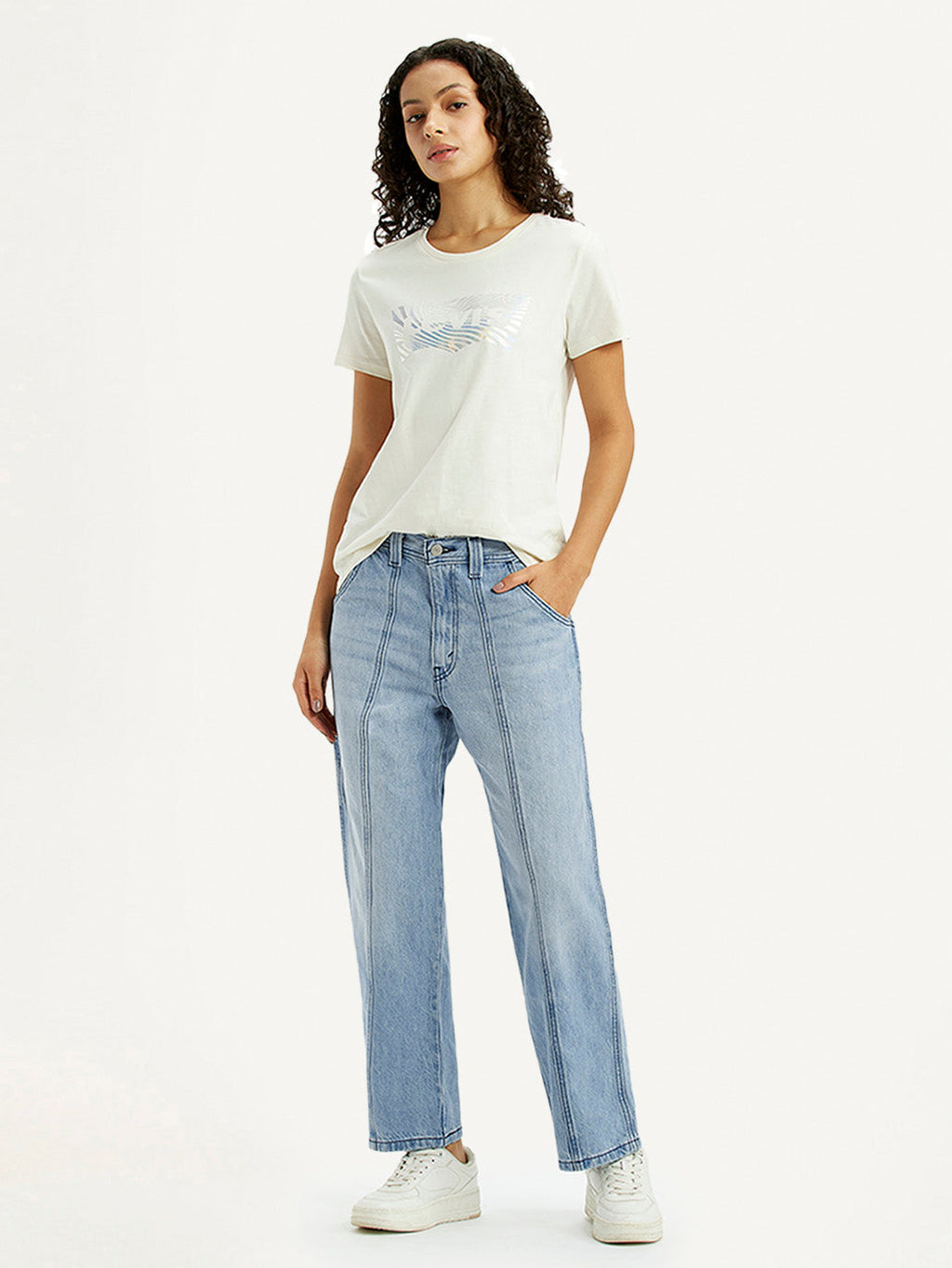 Women's Light Blue Baggy Loose Fit Carpenter Mid Rise Jeans