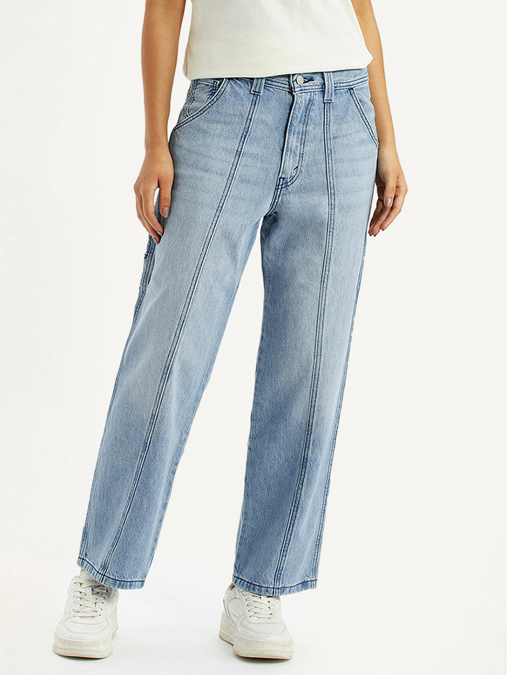 Women's Light Blue Baggy Loose Fit Carpenter Mid Rise Jeans