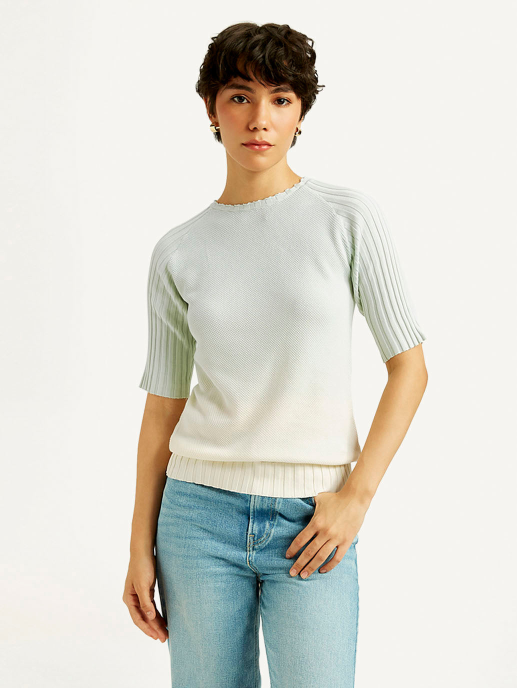 Women's Ombre Light Blue Boat Neck Top