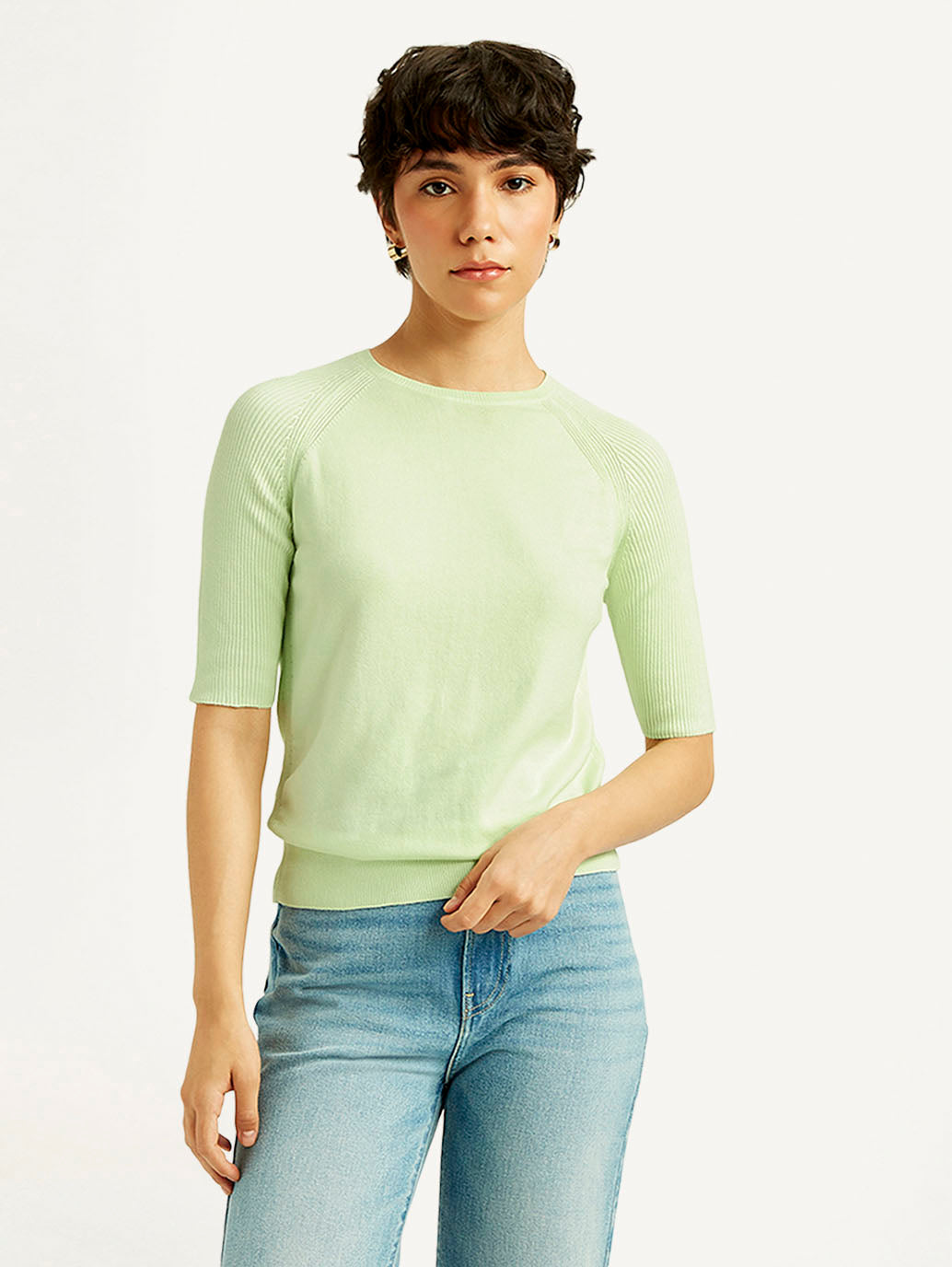 Women's Solid Light Green Boat Neck Top