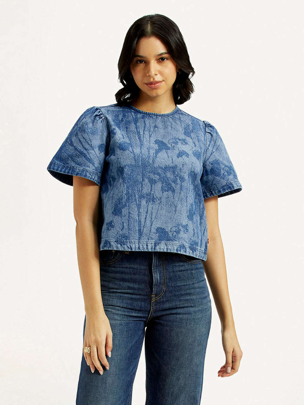 Women's Printed Round Neck Denim Top