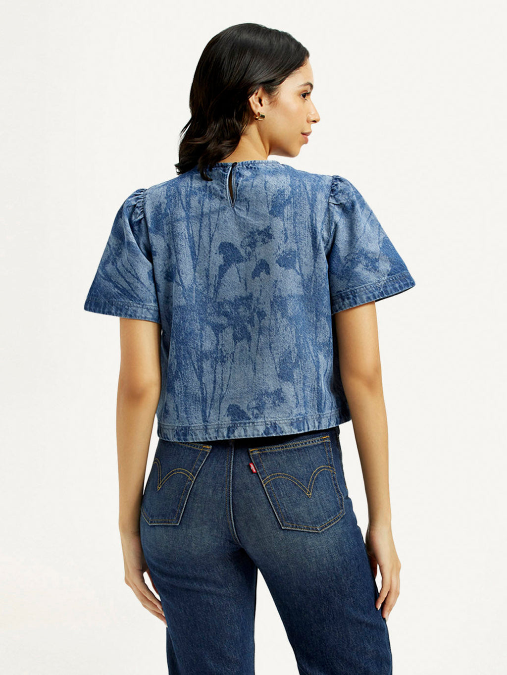 Women's Printed Round Neck Denim Top