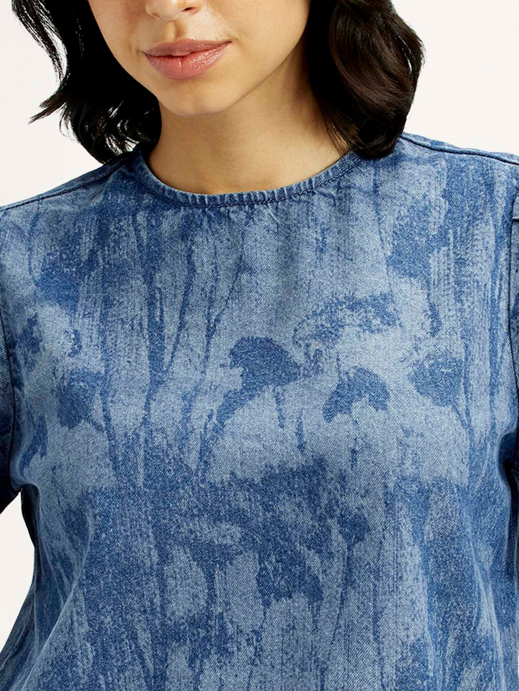 Women's Printed Round Neck Denim Top