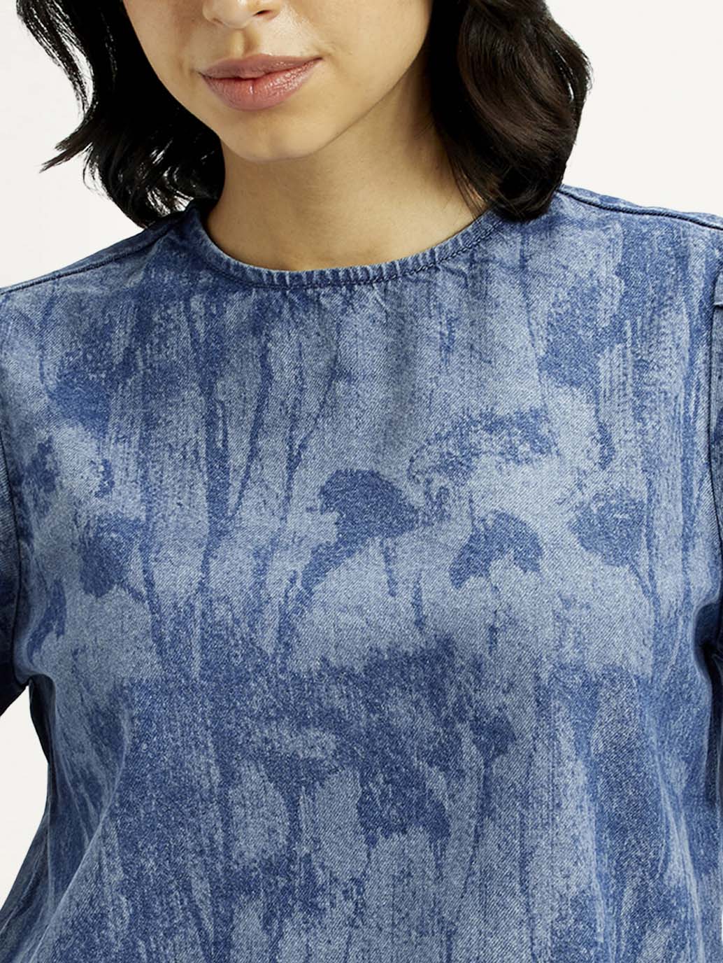 Women's Printed Round Neck Denim Top