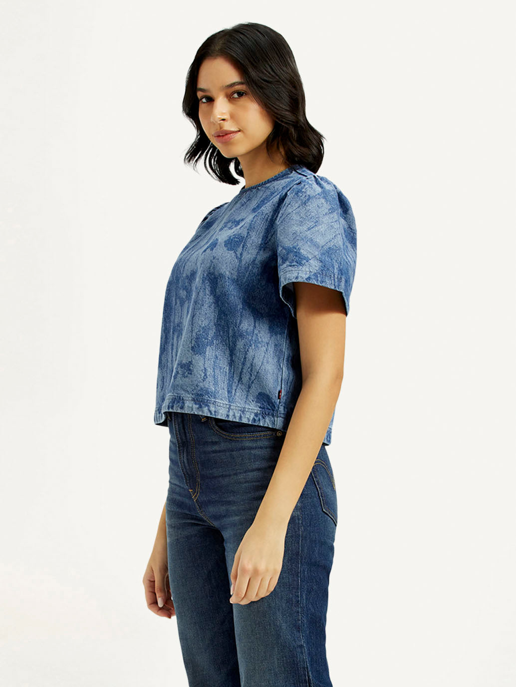Women's Printed Round Neck Denim Top