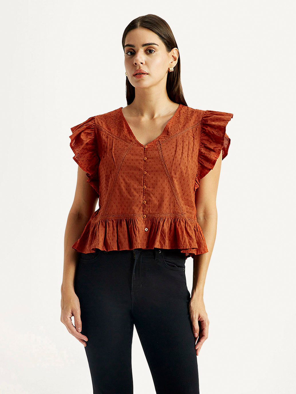 Women's Self Design Rust V-Neck Top