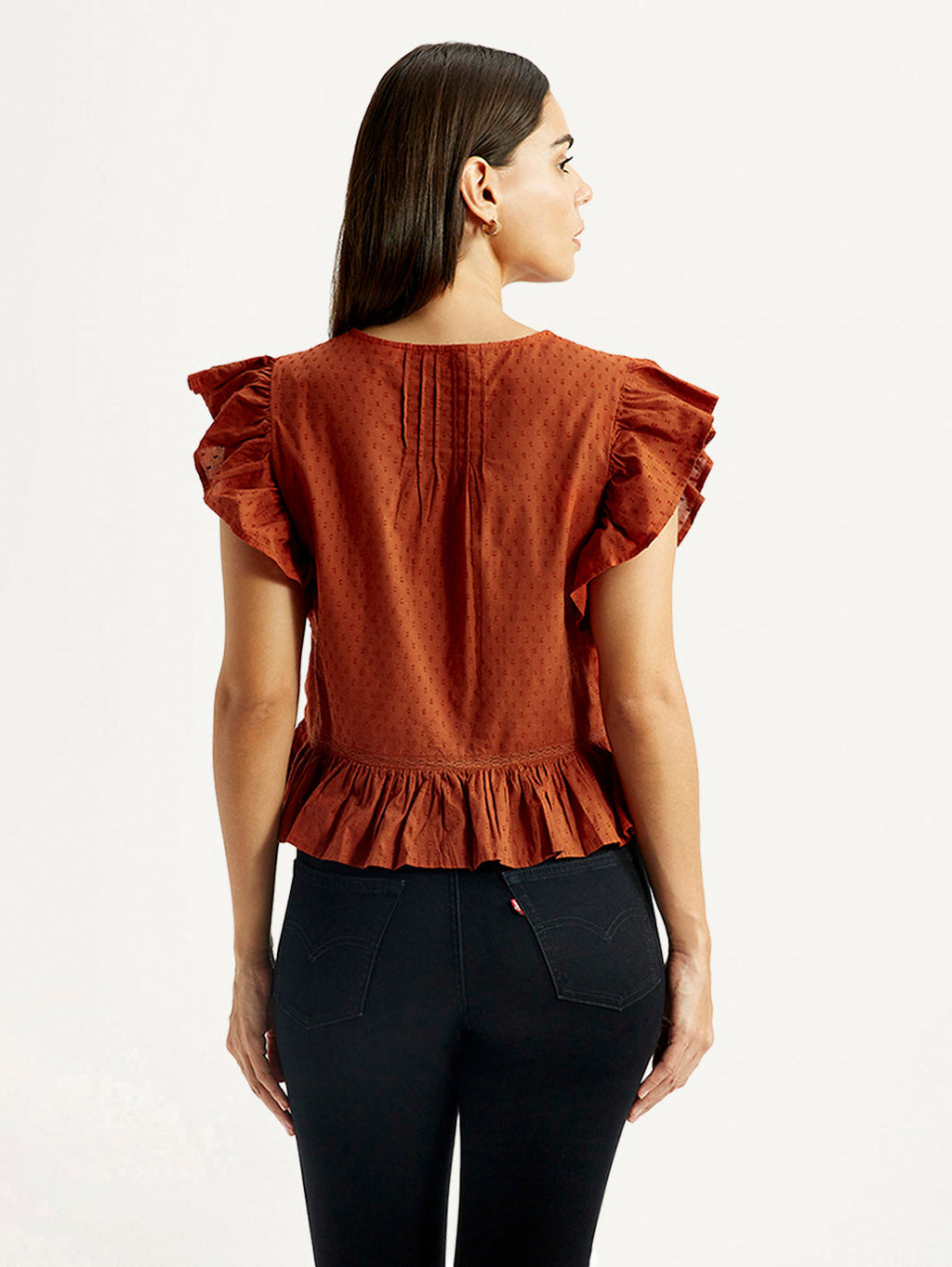 Women's Self Design Rust V-Neck Top