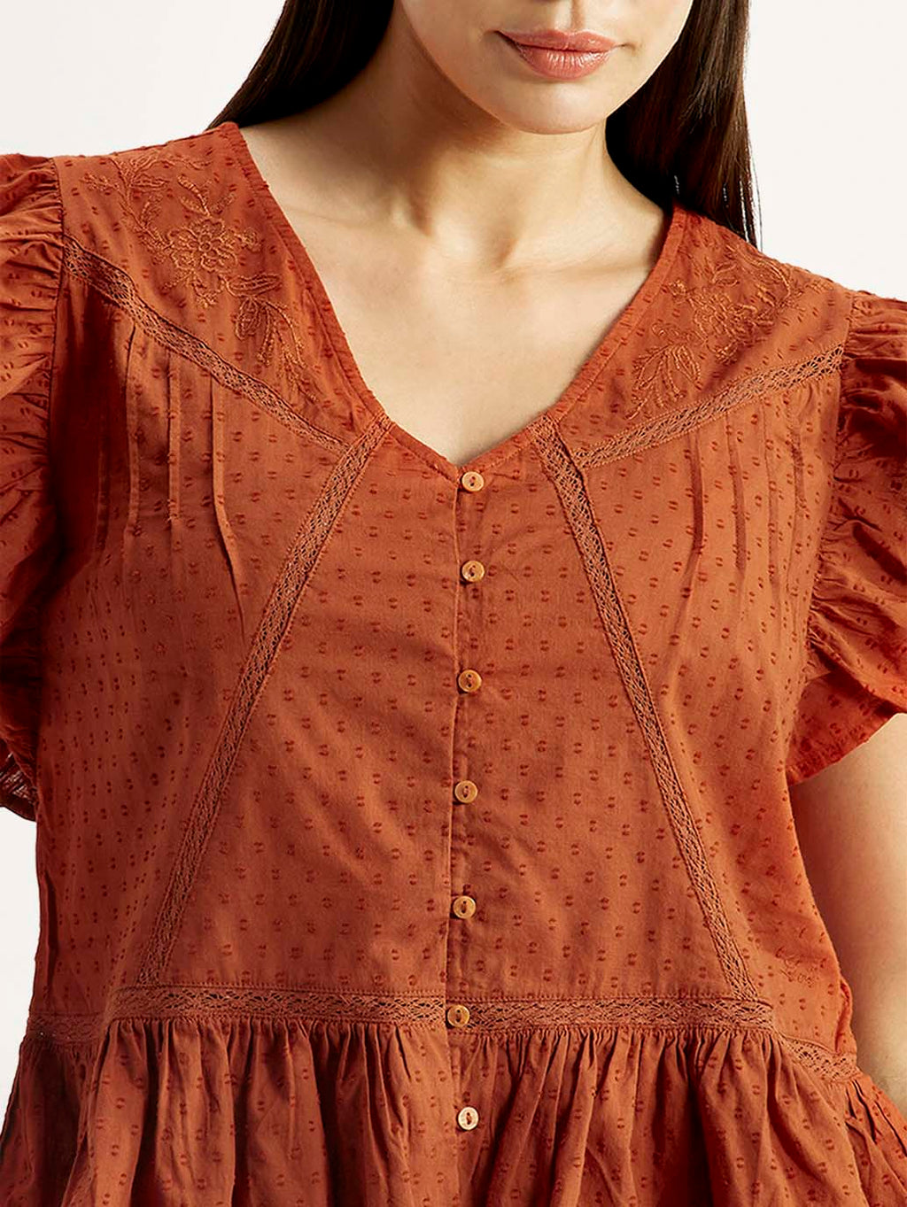 Women's Self Design Rust V-Neck Top