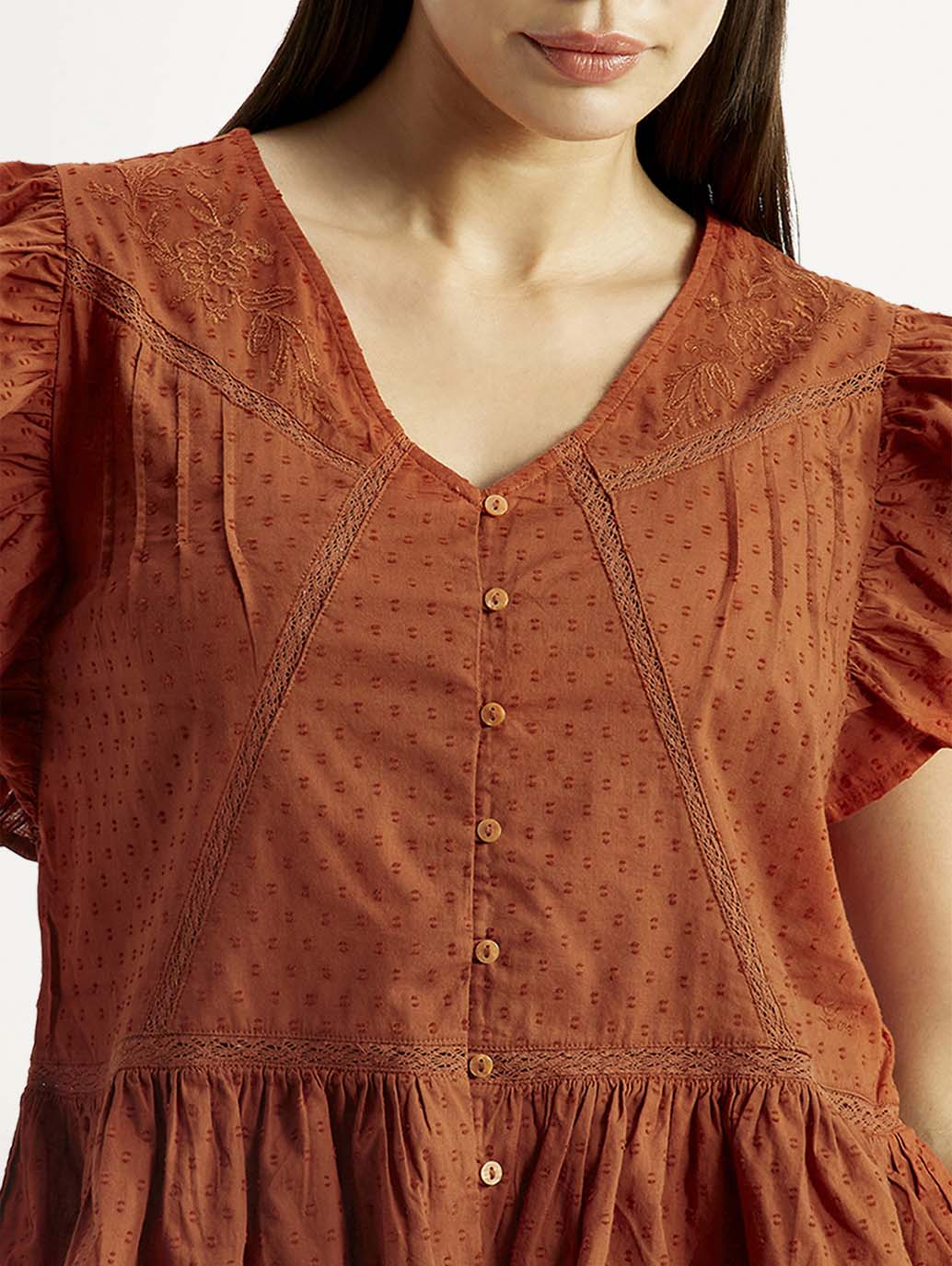 Women's Self Design Rust V-Neck Top