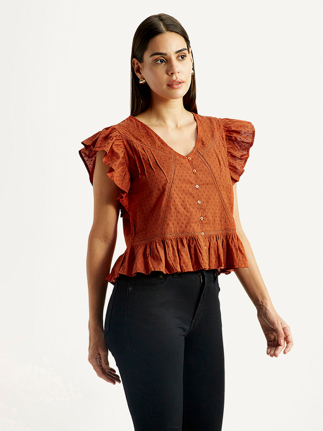 Women's Self Design Rust V-Neck Top