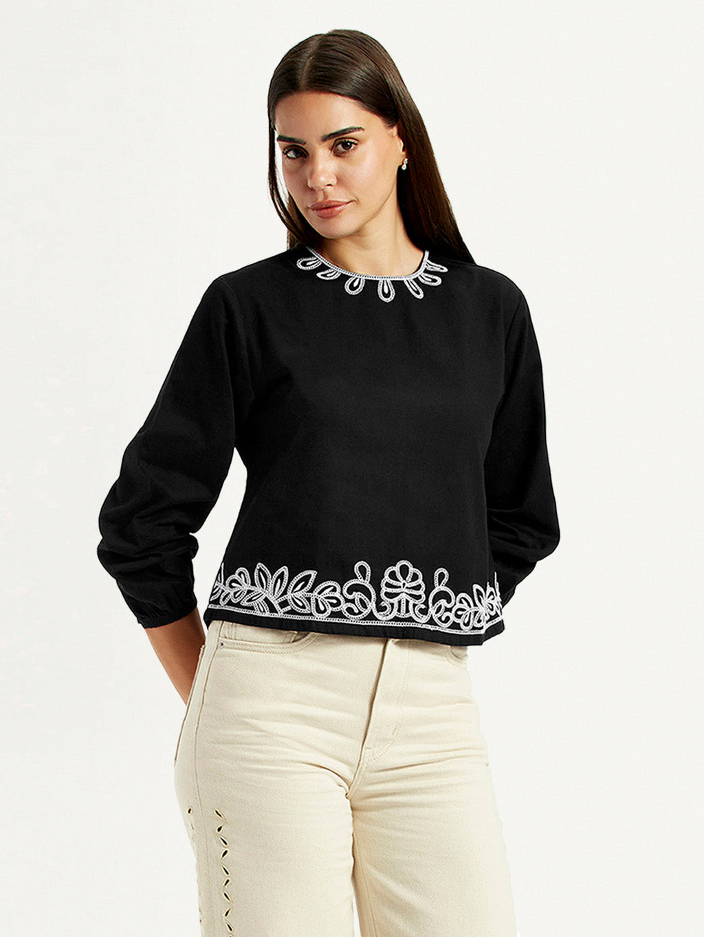 Women's Embroidered Black Round Neck Top