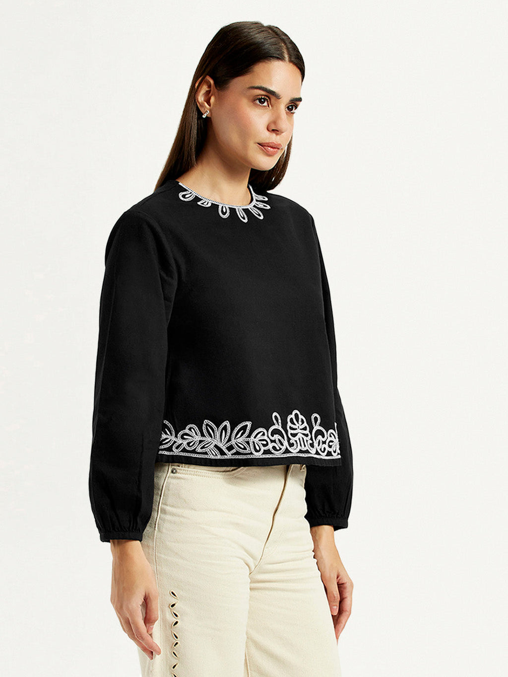 Women's Embroidered Black Round Neck Top