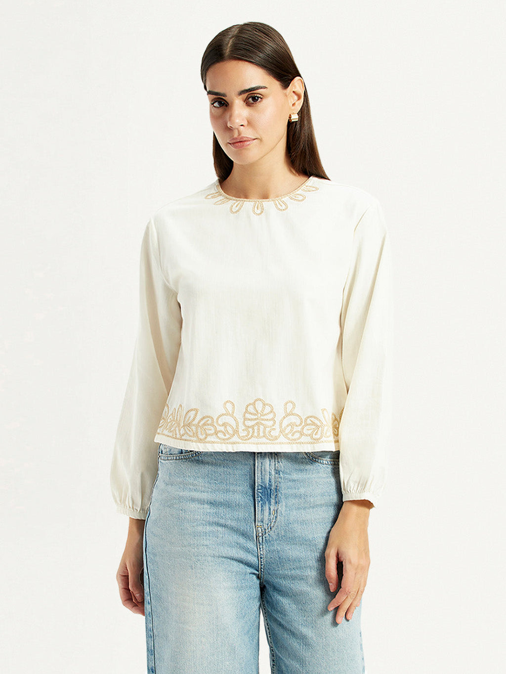 Women's Embroidered Off White Round Neck Top