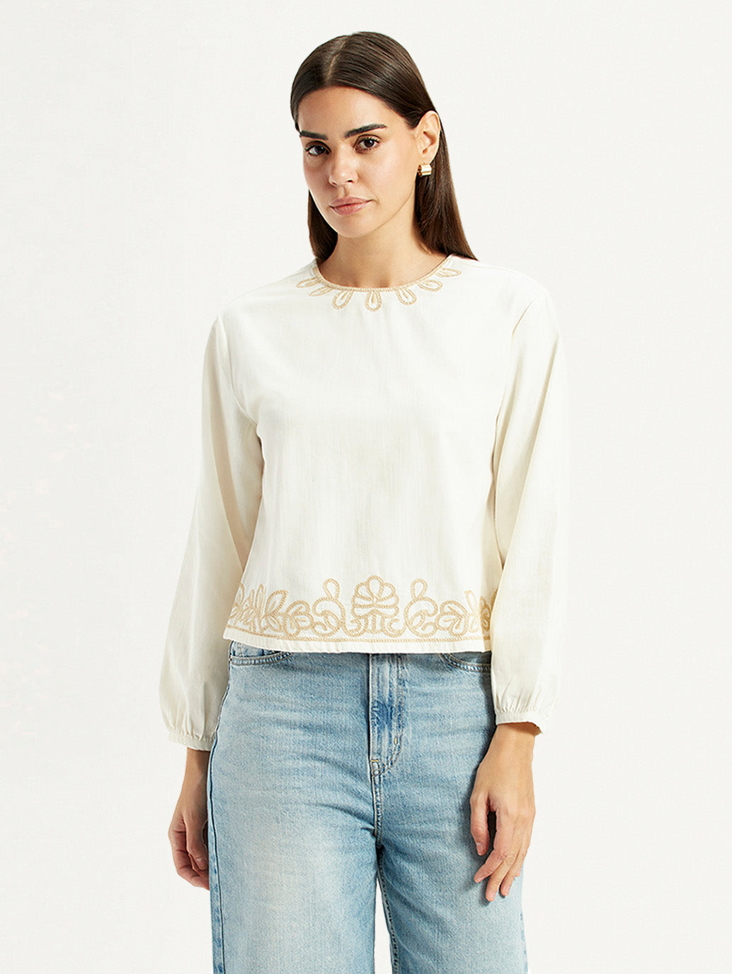 Women's Embroidered Off White Round Neck Top