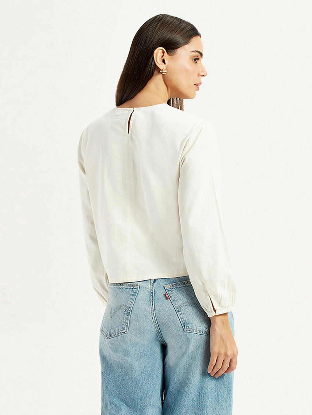 Women's Embroidered Off White Round Neck Top