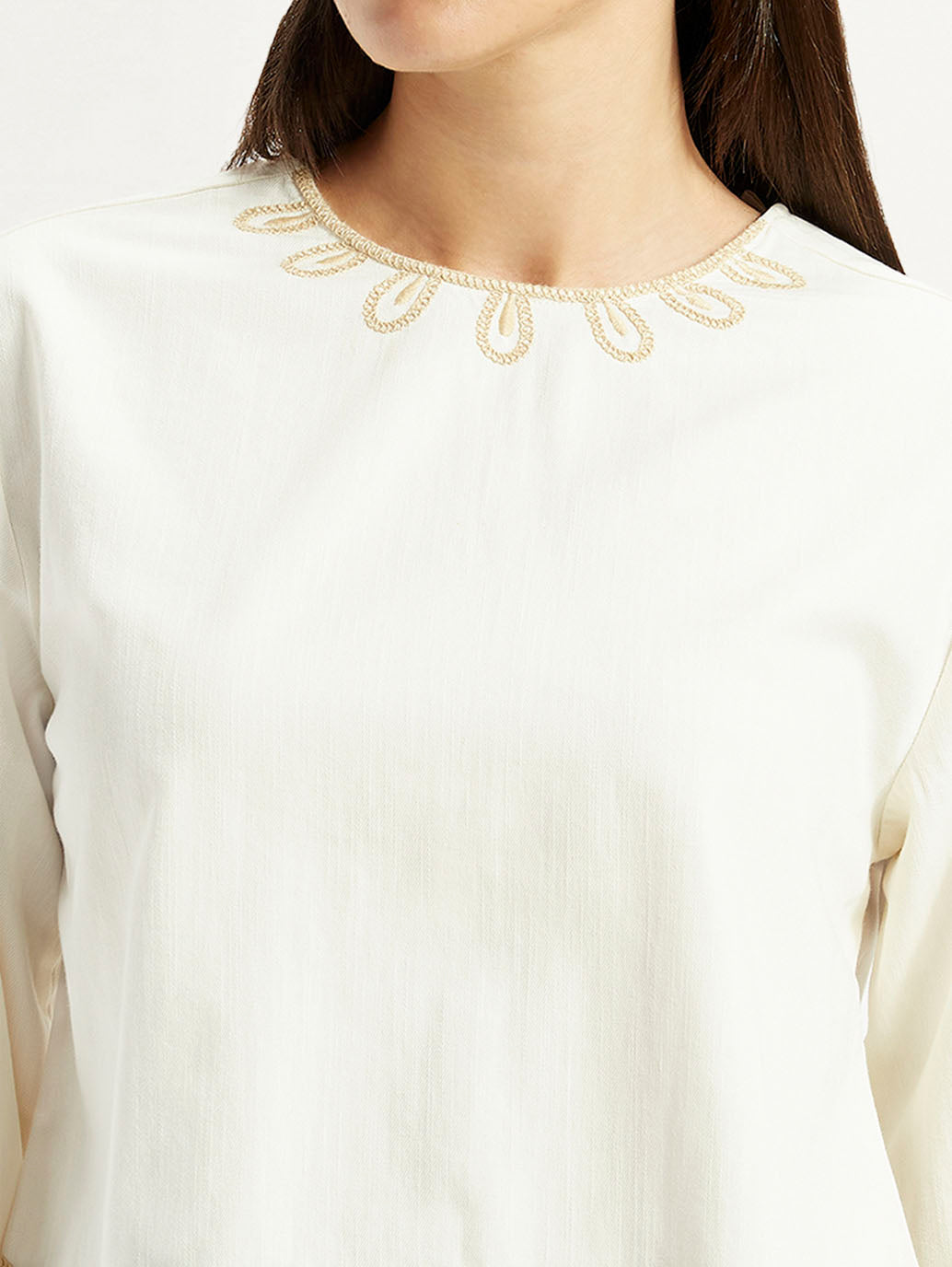 Women's Embroidered Off White Round Neck Top