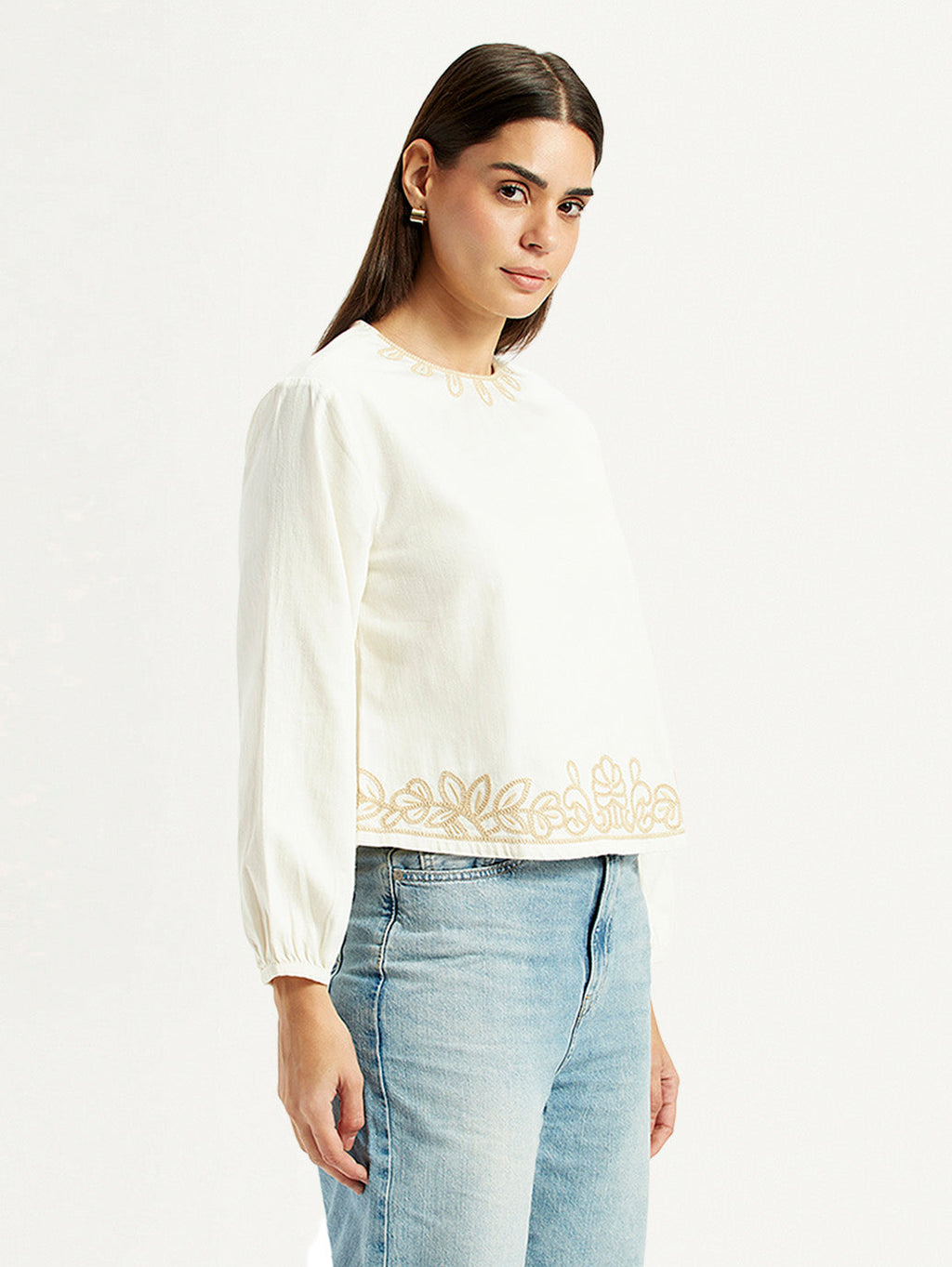 Women's Embroidered Off White Round Neck Top