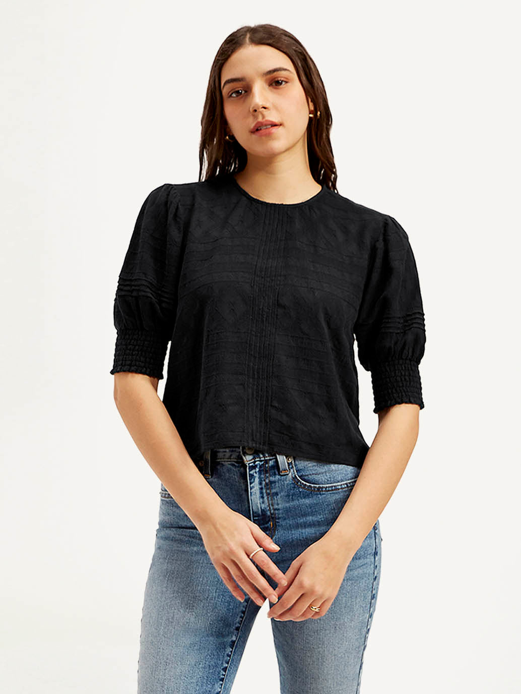 Women's Textured Black Round Neck Top