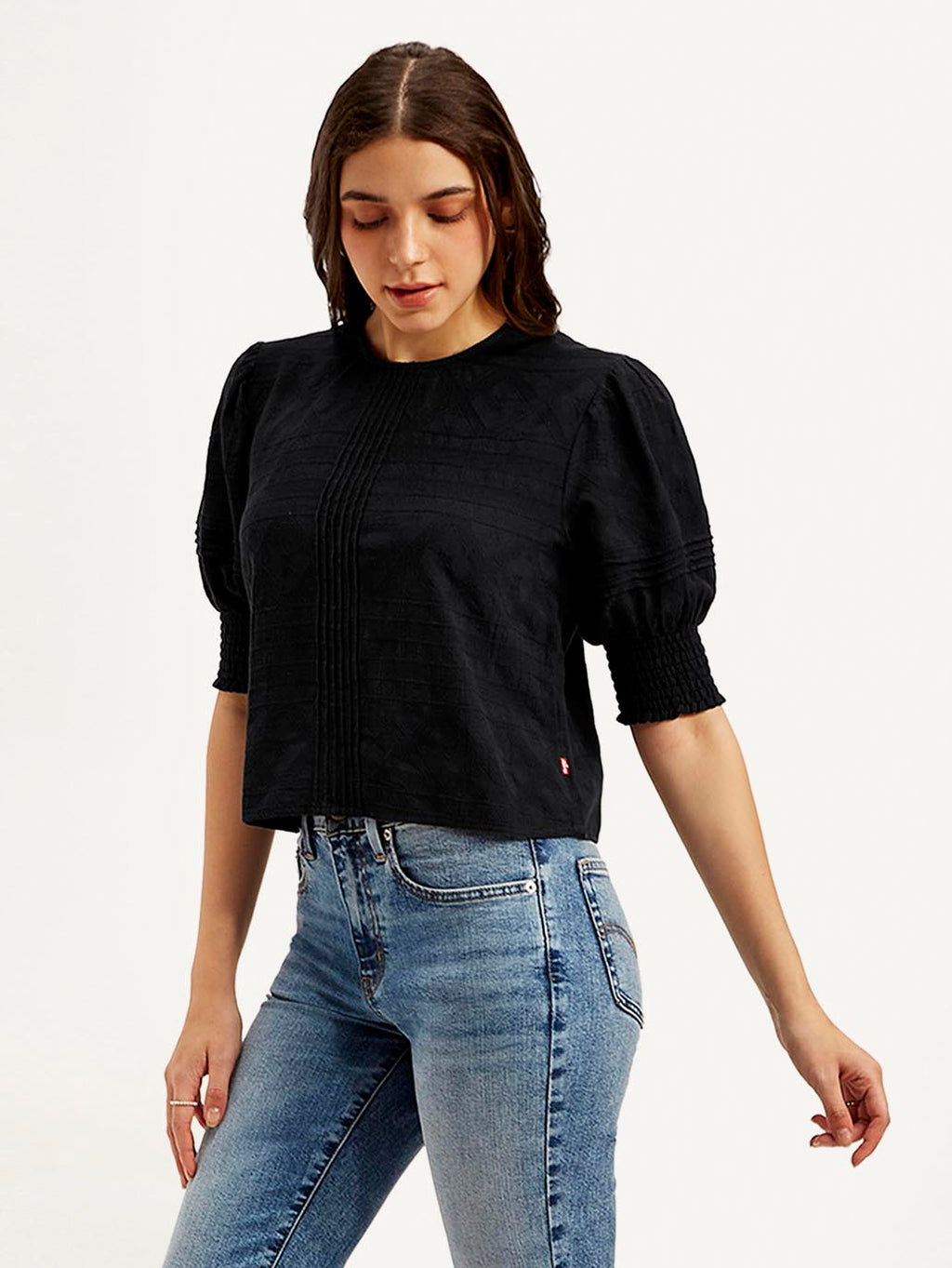 Women's Textured Black Round Neck Top