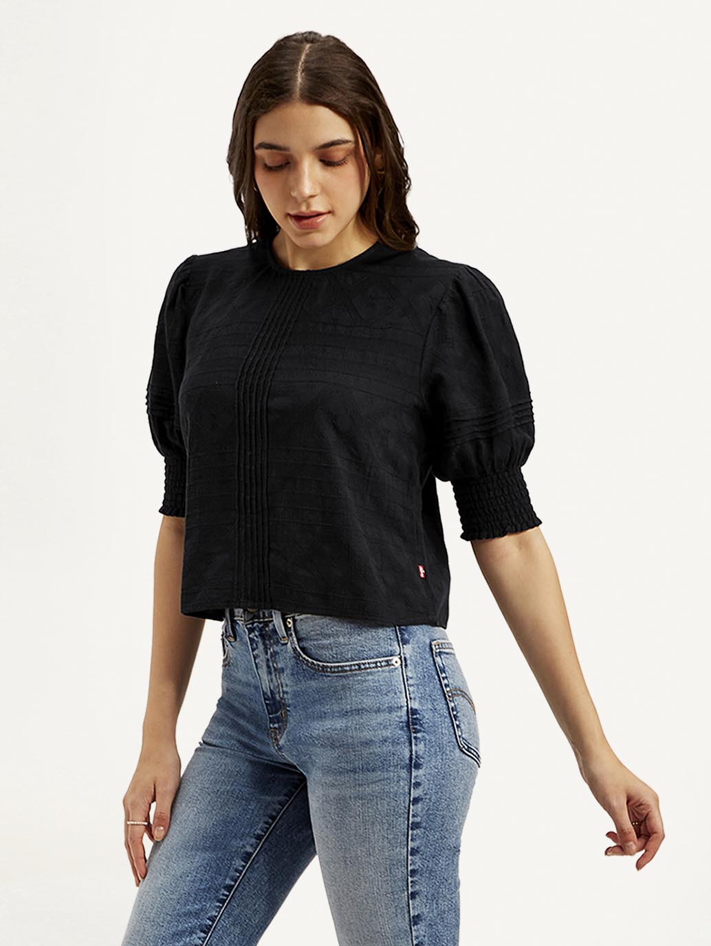 Women's Textured Black Round Neck Top