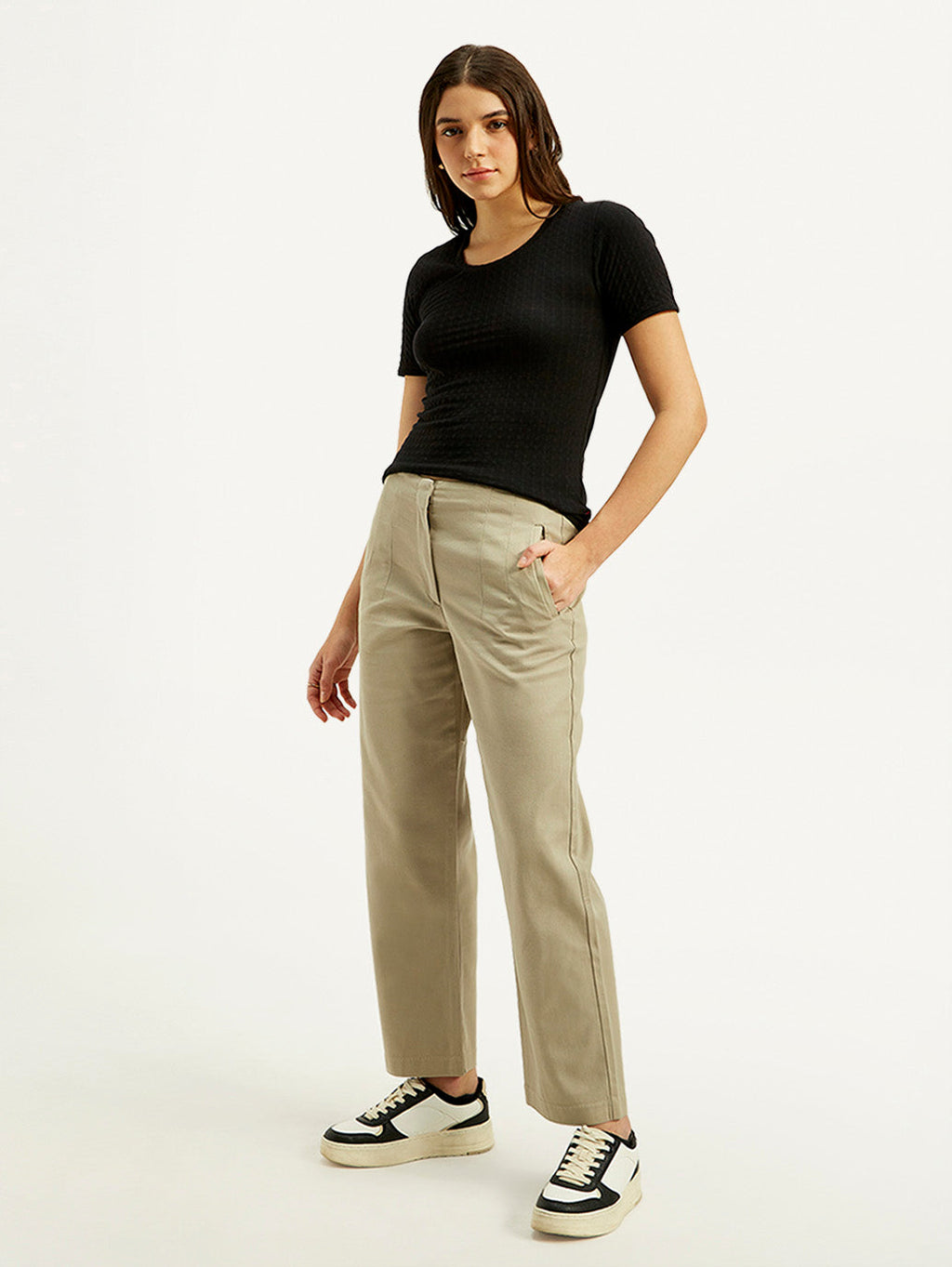Women's 94 Mid Rise Khaki Baggy Fit Trousers