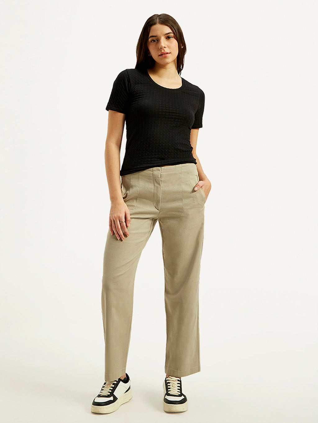 Women's 94 Mid Rise Khaki Baggy Fit Trousers