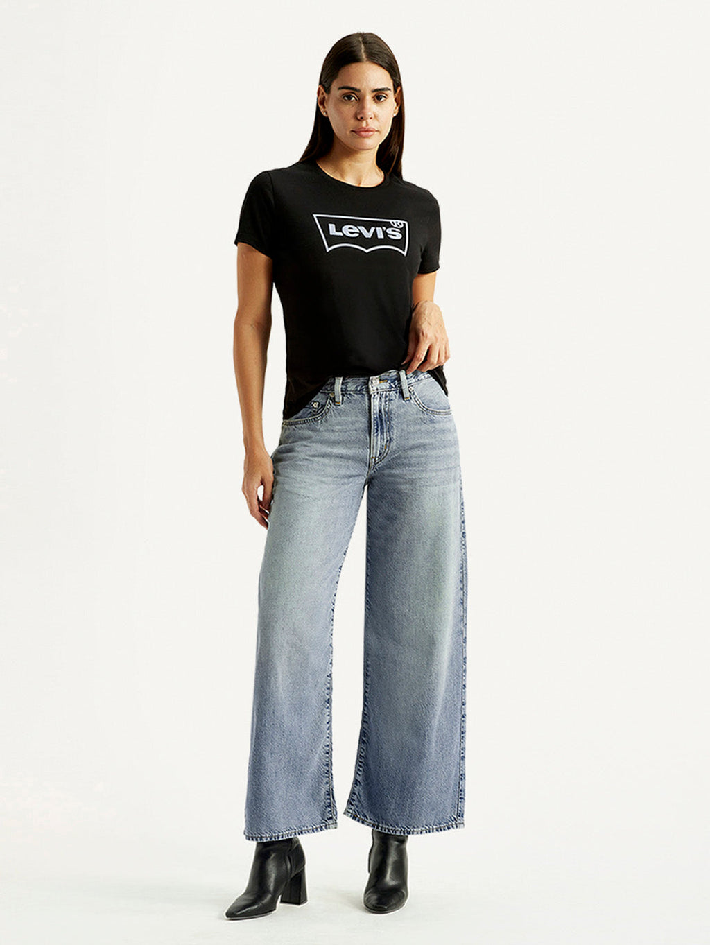 Women's Tinted Med Indigo XL Straight Loose Fit Mid Rise Jeans