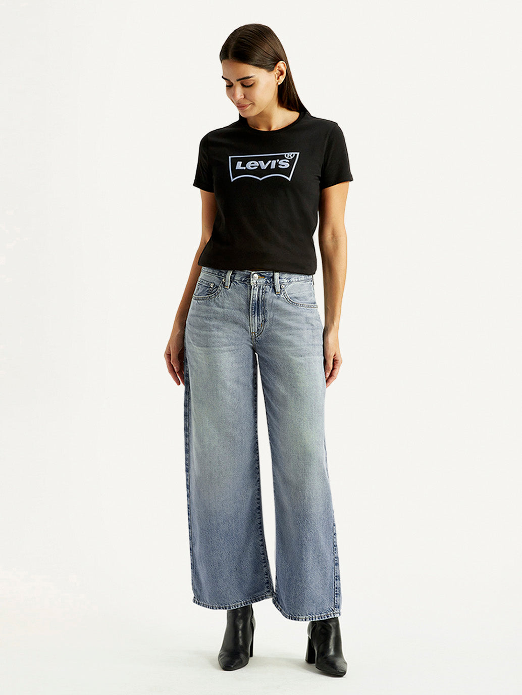 Women's Tinted Med Indigo XL Straight Loose Fit Mid Rise Jeans