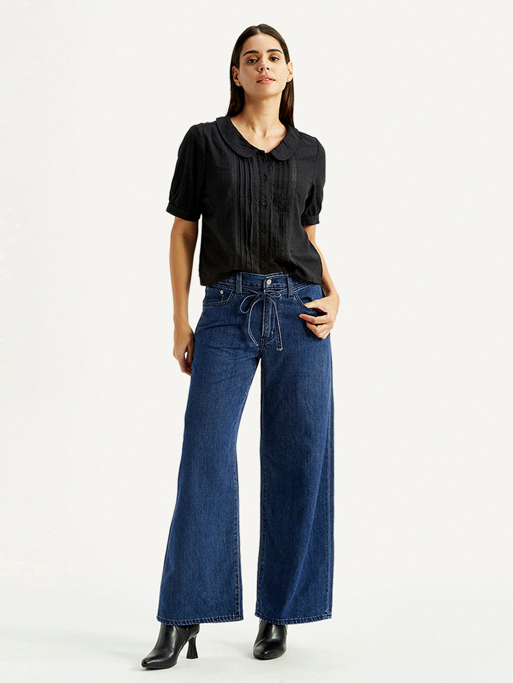 Women's Med Indigo XL Straight Loose Fit Mid Rise Jeans