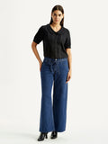 Women's Med Indigo XL Straight Loose Fit Mid Rise Jeans