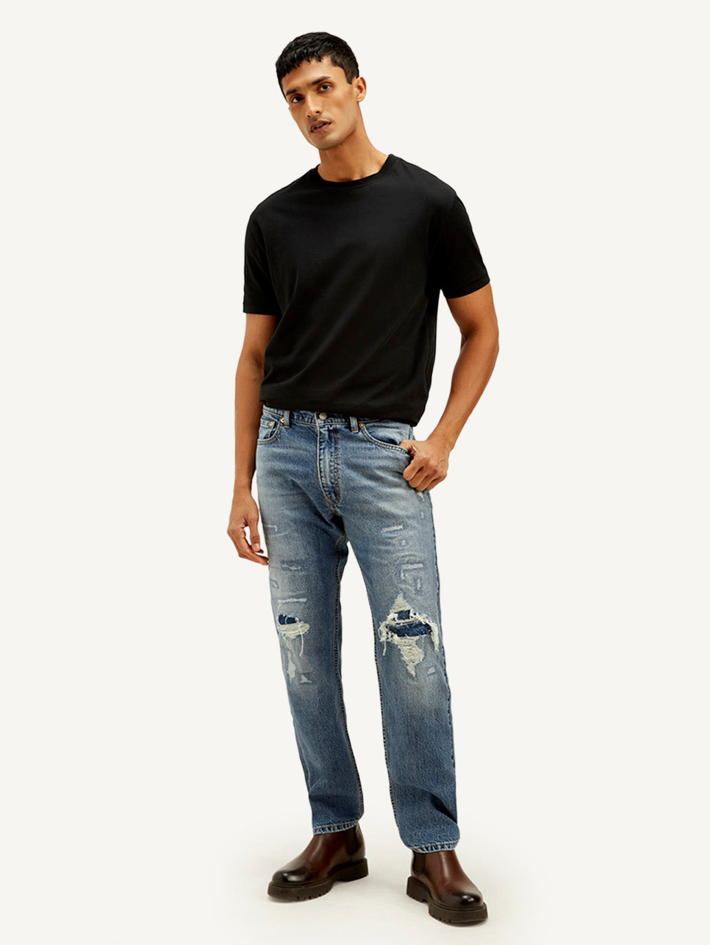Men's 555 Blue Relaxed Straight Fit Mid Rise Jeans