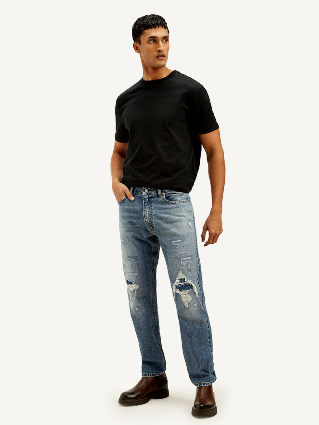 Men's 555 Blue Relaxed Straight Fit Mid Rise Jeans