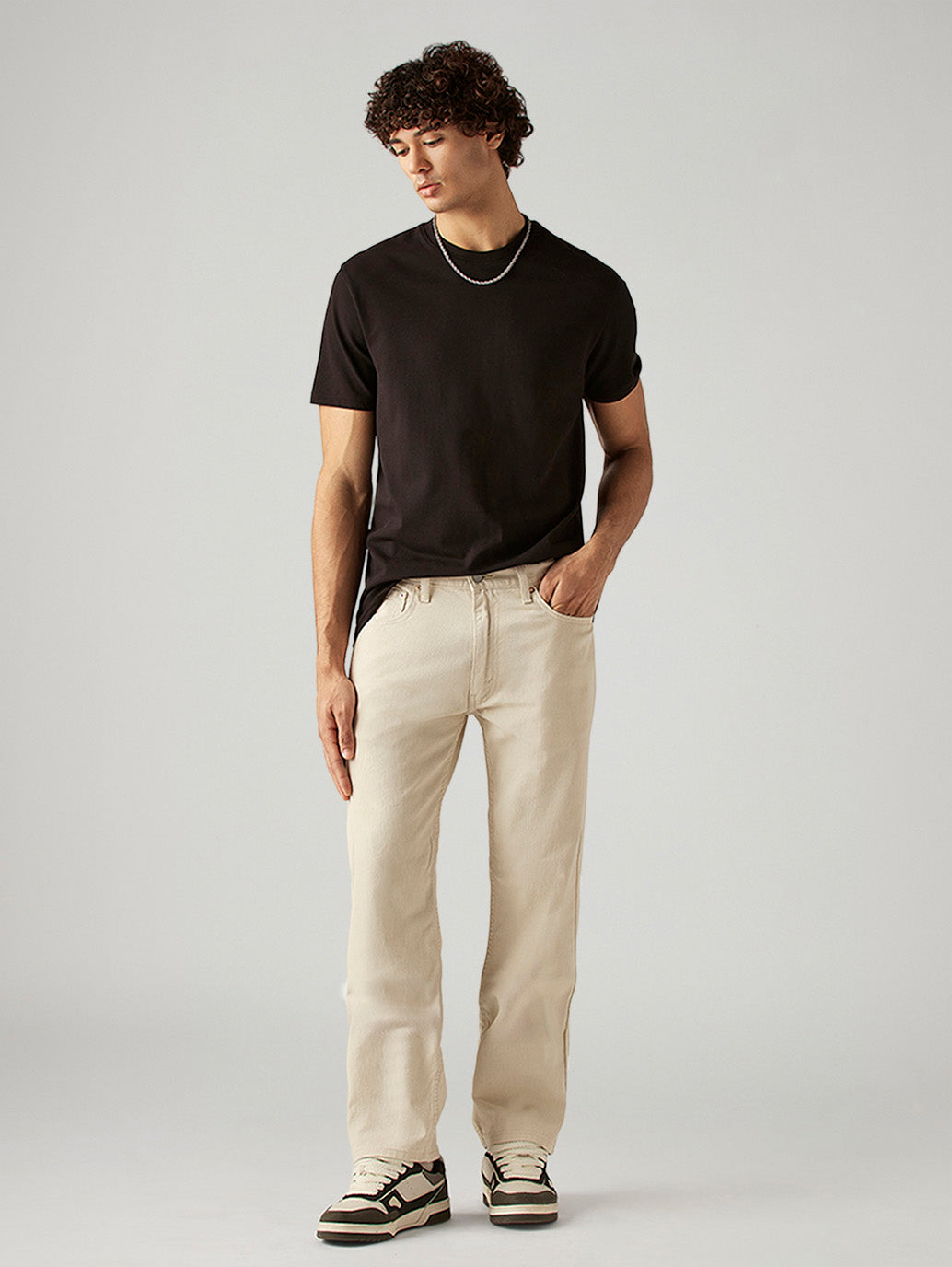 Men's 555 Beige Relaxed Straight Fit Mid Rise Jeans