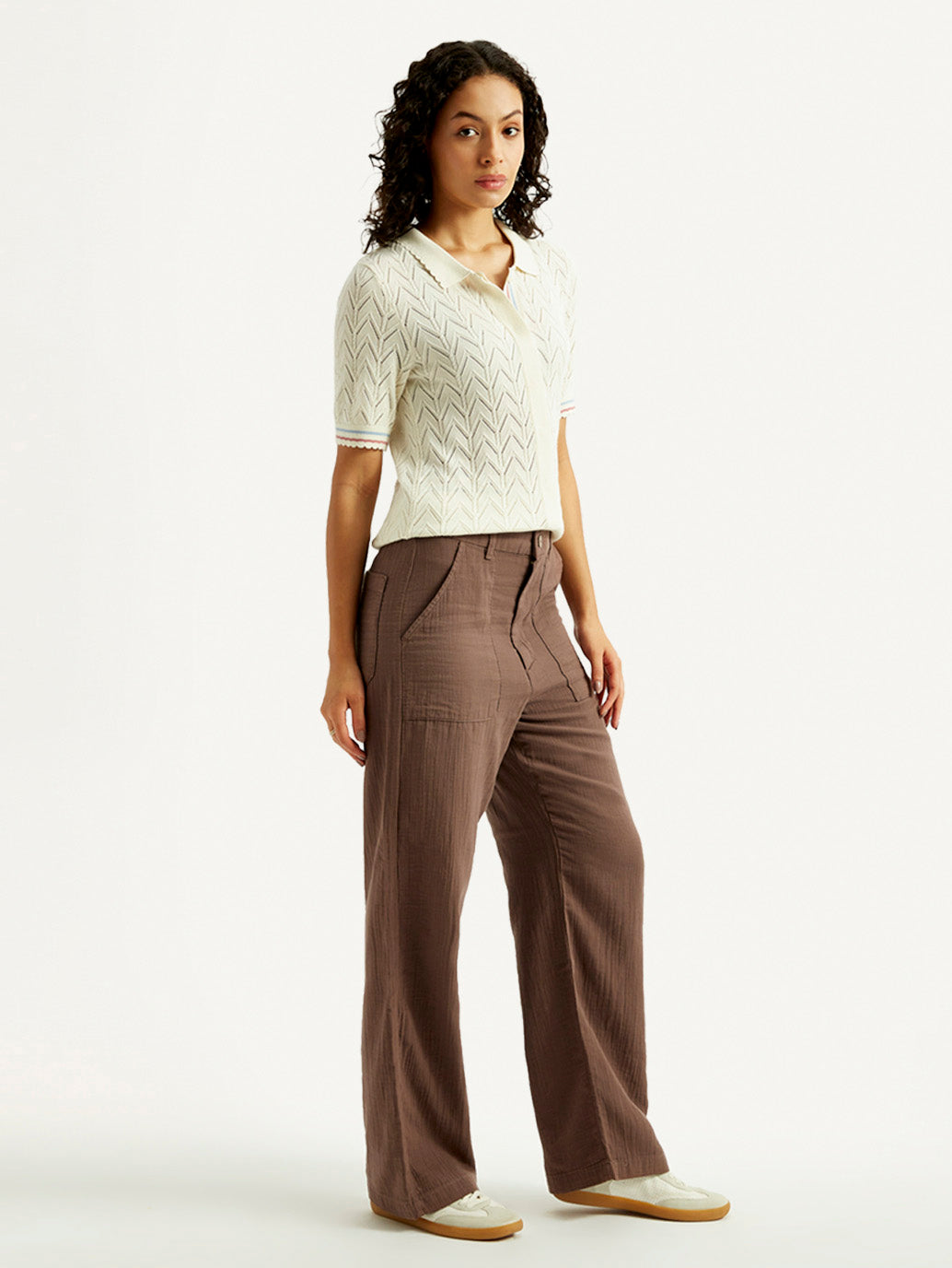 Women's Brown Loose Fit Mid Rise Trousers