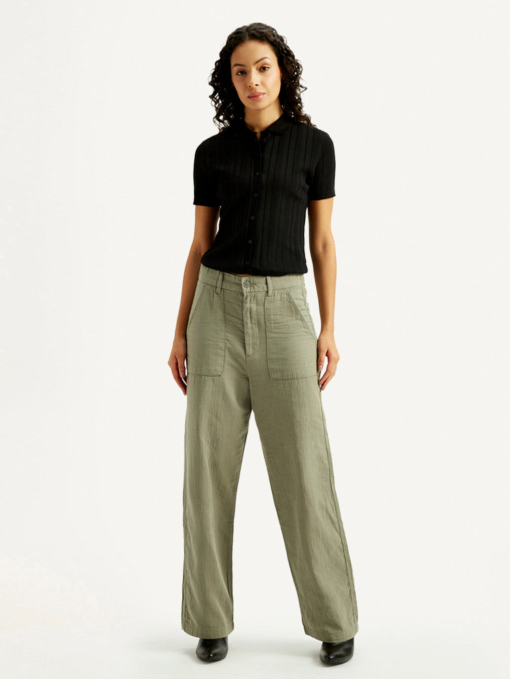Women's Olive Green Loose Fit Mid Rise Trousers