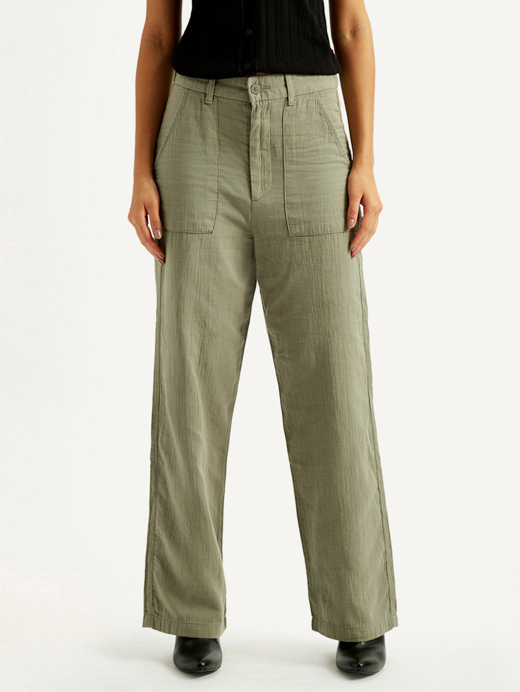Women's Olive Green Loose Fit Mid Rise Trousers