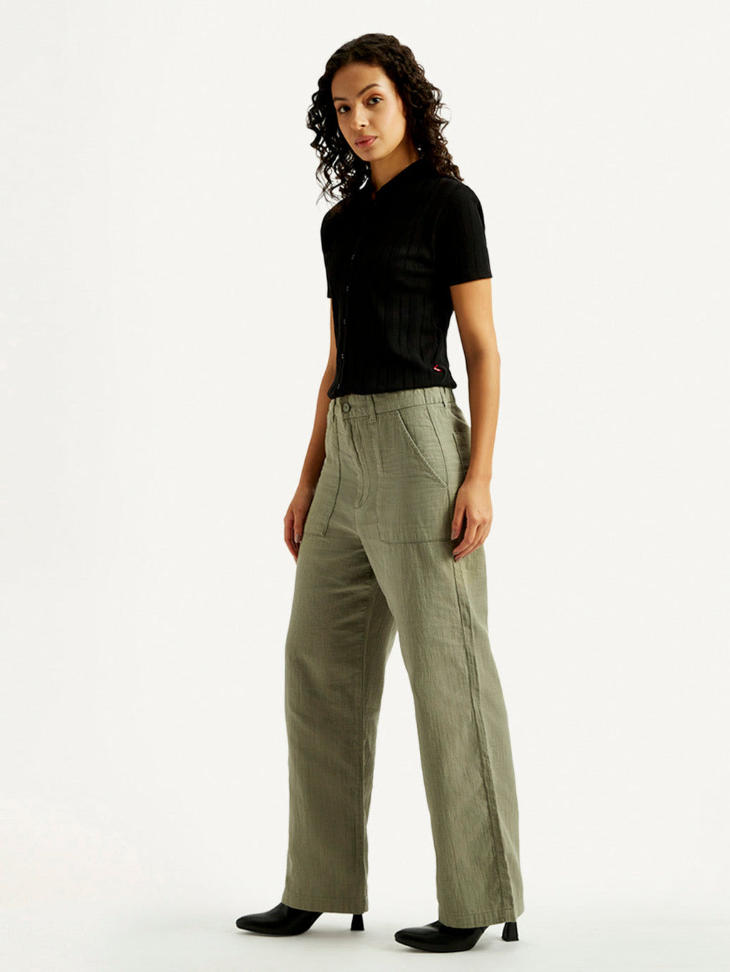 Women's Olive Green Loose Fit Mid Rise Trousers