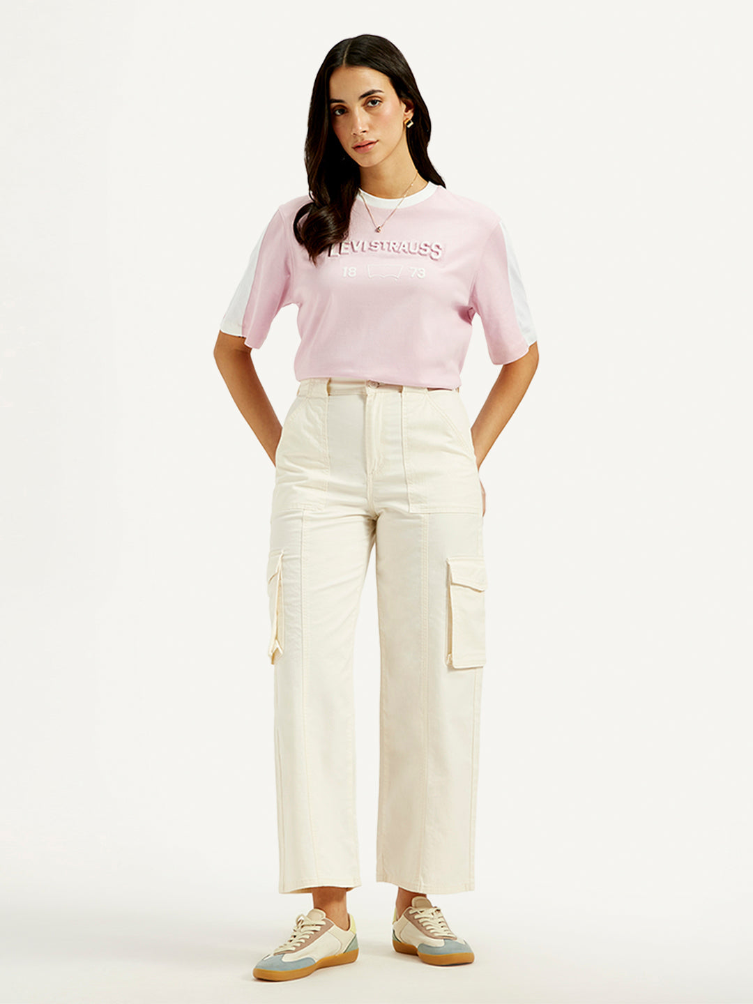 Women's High Rise Off-White Wide Leg Cargo Trousers