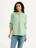 Women's Self Design Light Green Mandarin Collar Top