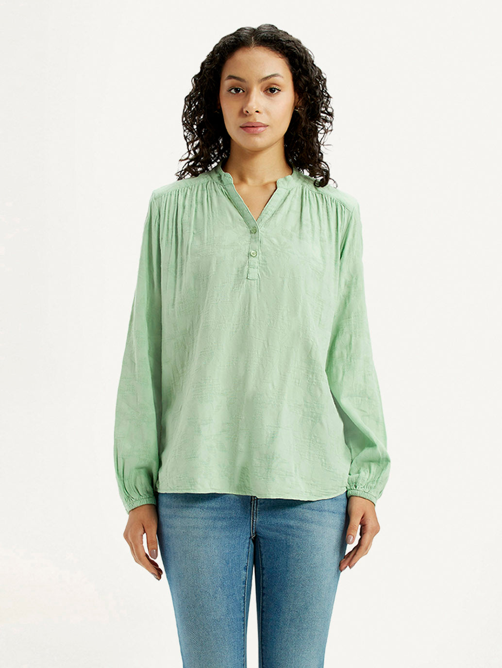 Women's Self Design Light Green Mandarin Collar Top