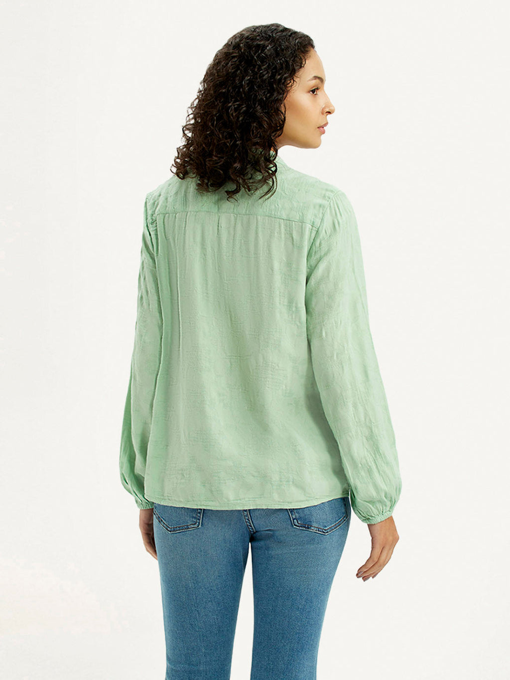 Women's Self Design Light Green Mandarin Collar Top