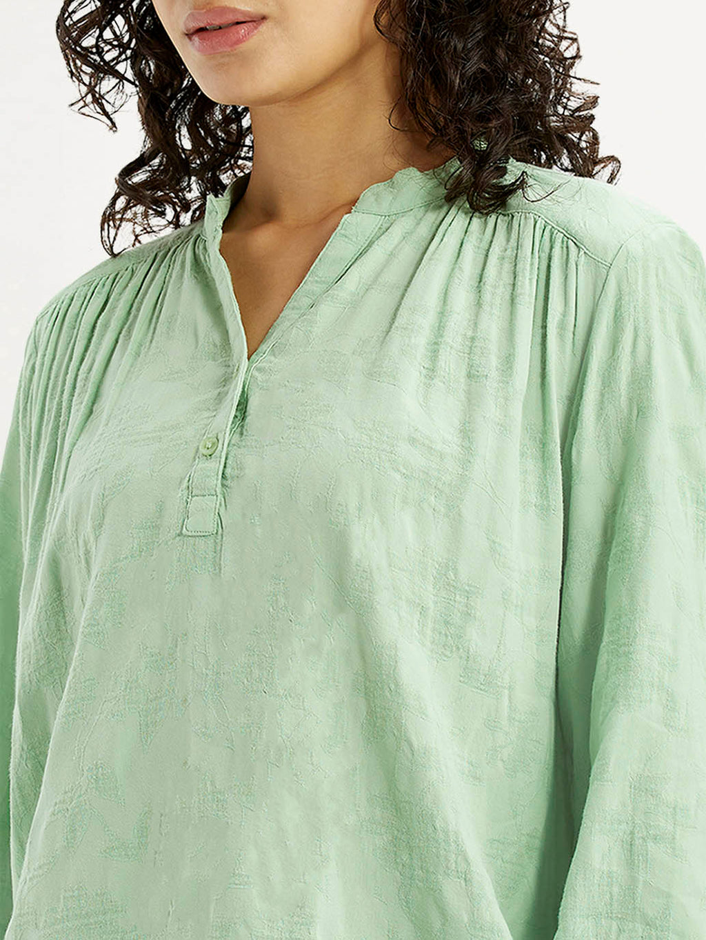 Women's Self Design Light Green Mandarin Collar Top