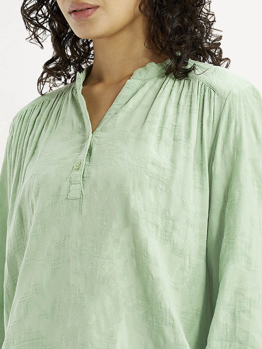 Women's Self Design Light Green Mandarin Collar Top