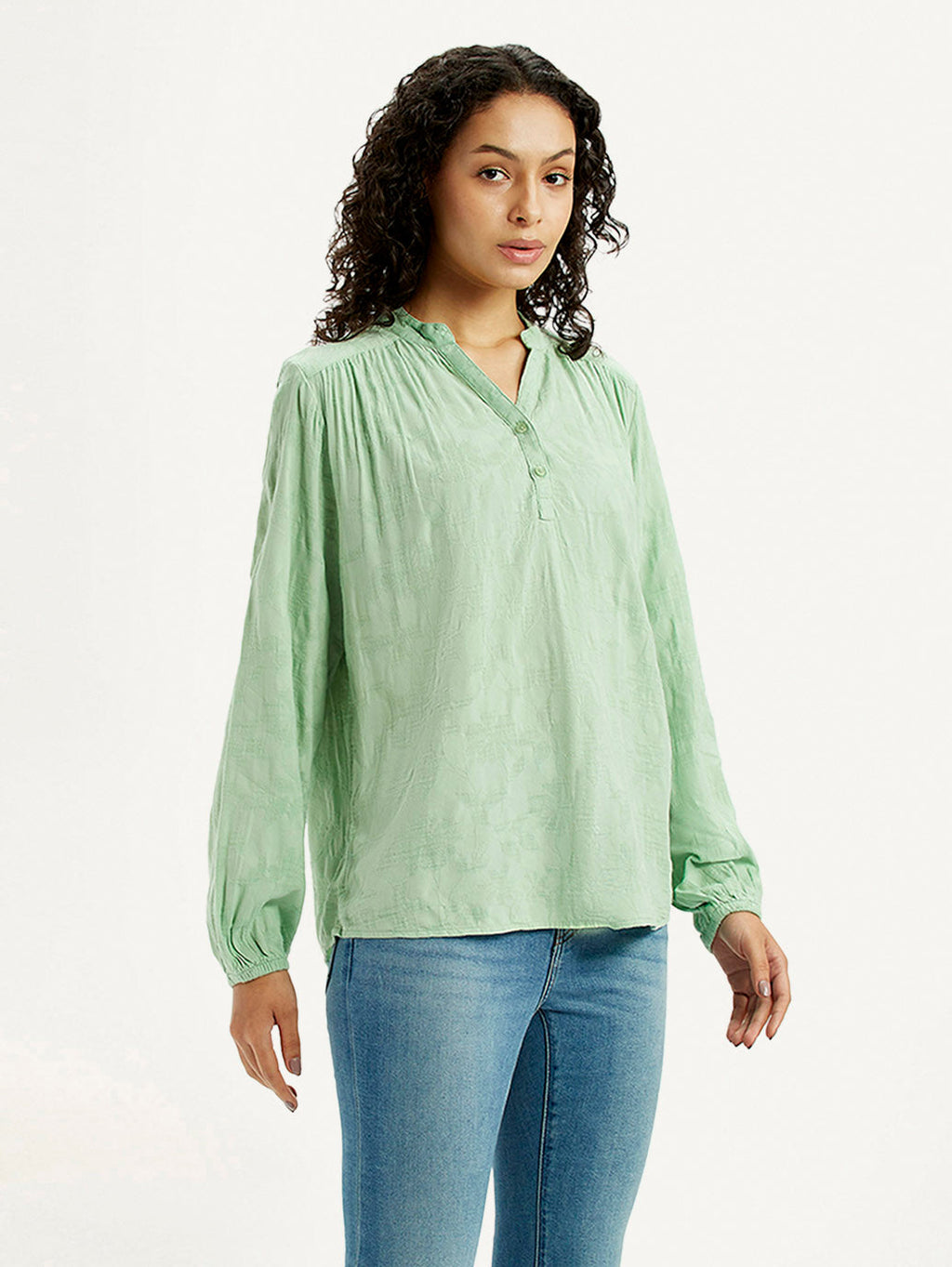 Women's Self Design Light Green Mandarin Collar Top