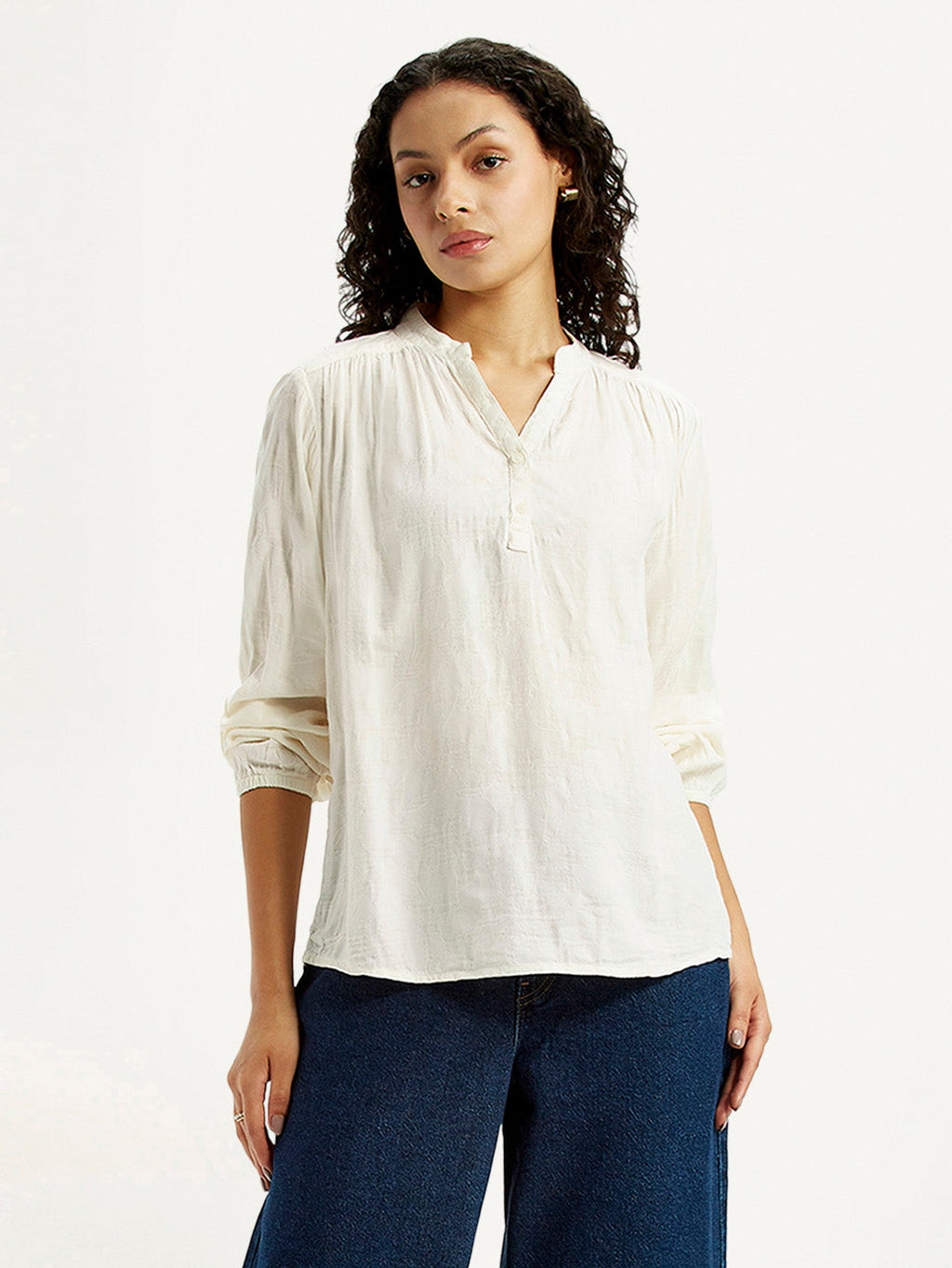 Women's Self Design Off White Mandarin Collar Top