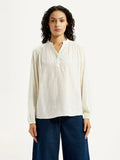 Women's Self Design Off White Mandarin Collar Top