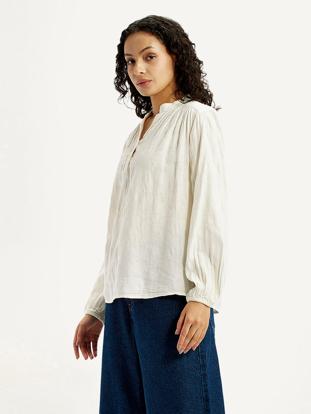 Women's Self Design Off White Mandarin Collar Top