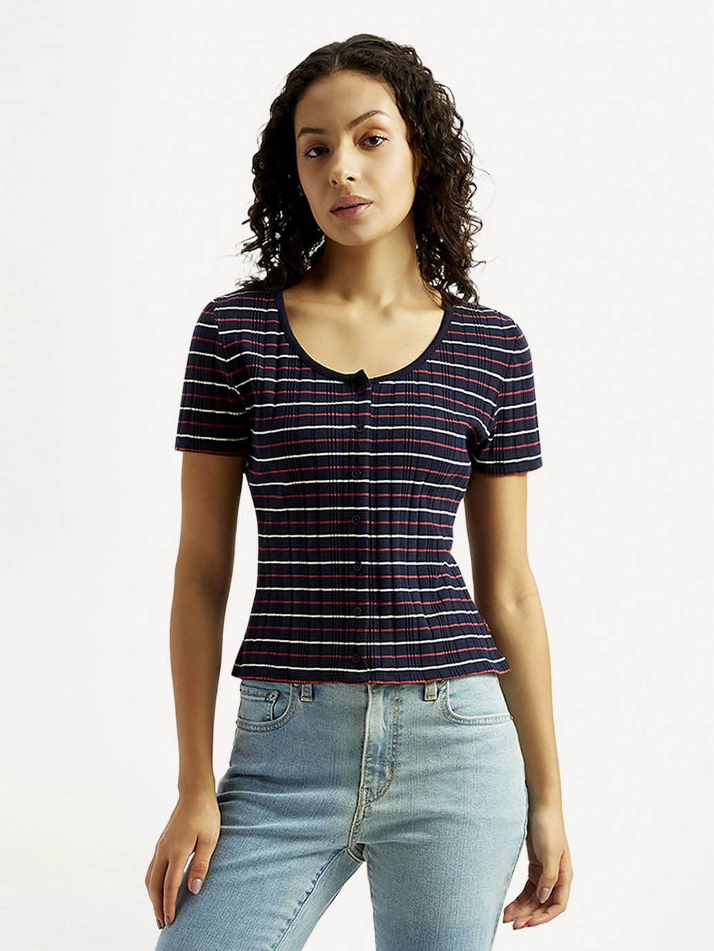 Women's Striped Navy Scoop Neck Top